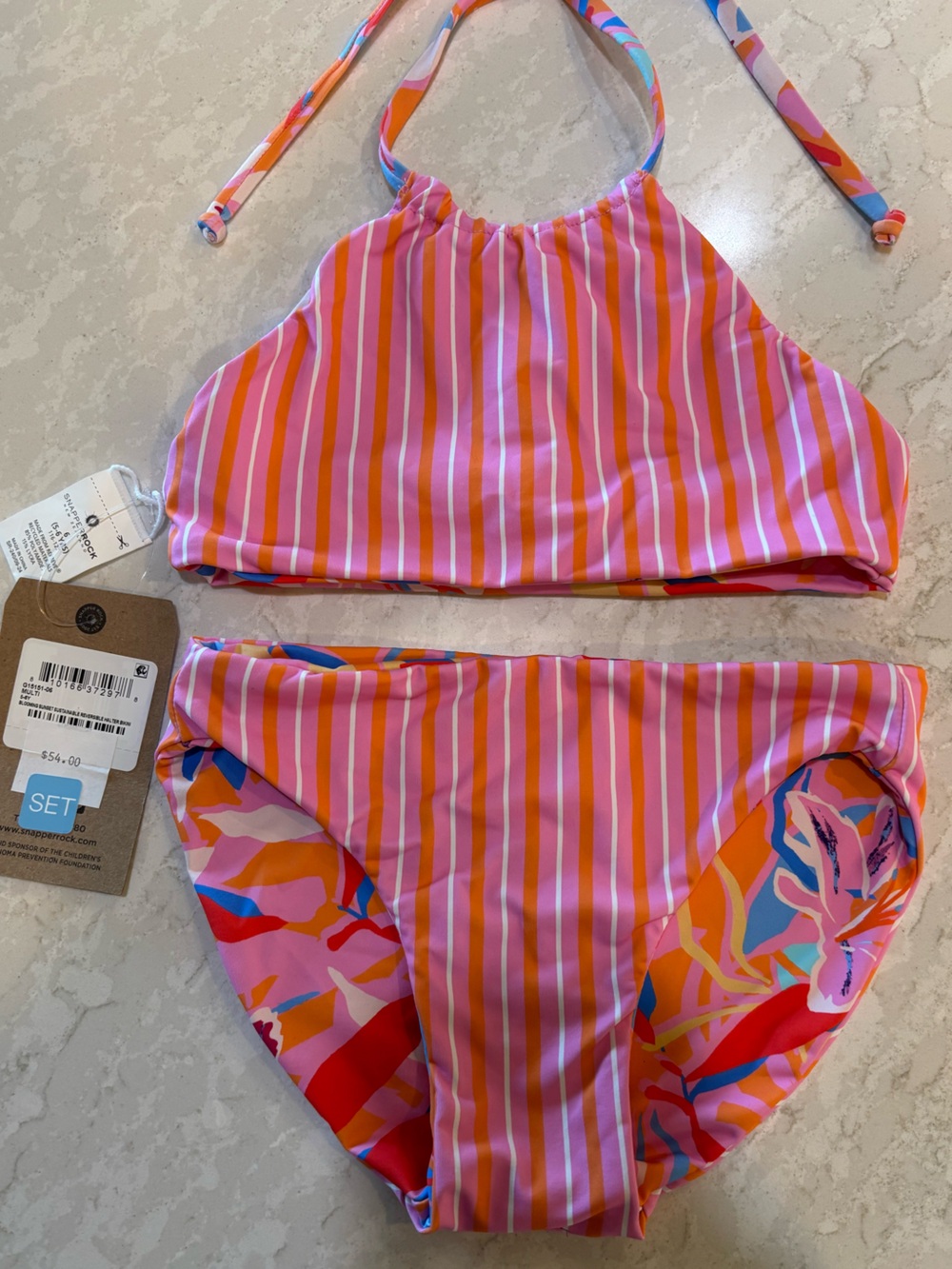 Snapper Rock Pink and Orange Reversible Halter Girls' Bikini Set 5-6Y UPF 50+